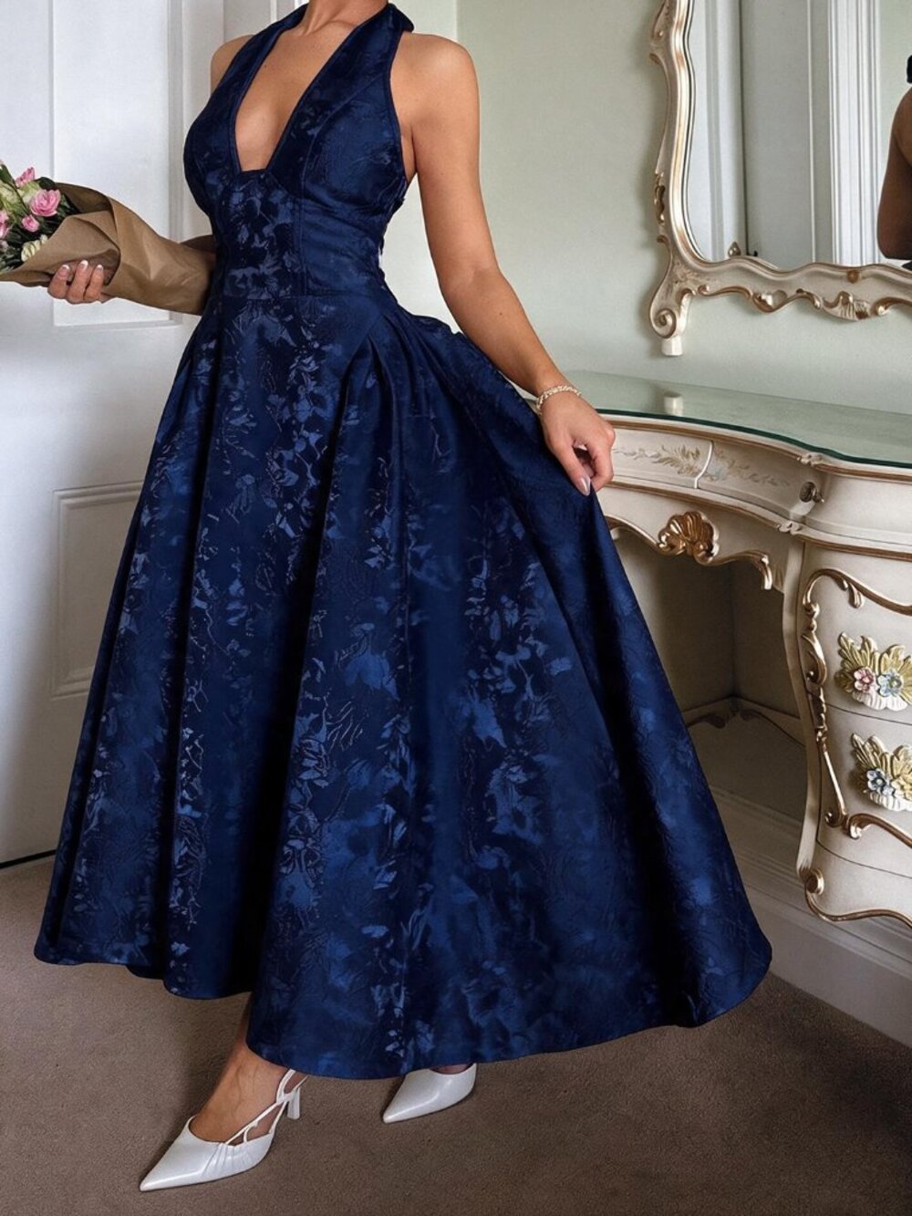 Navy Blue Elegant Women's 3d Embossed Floral V-Neck Sleeveless Flare Dress